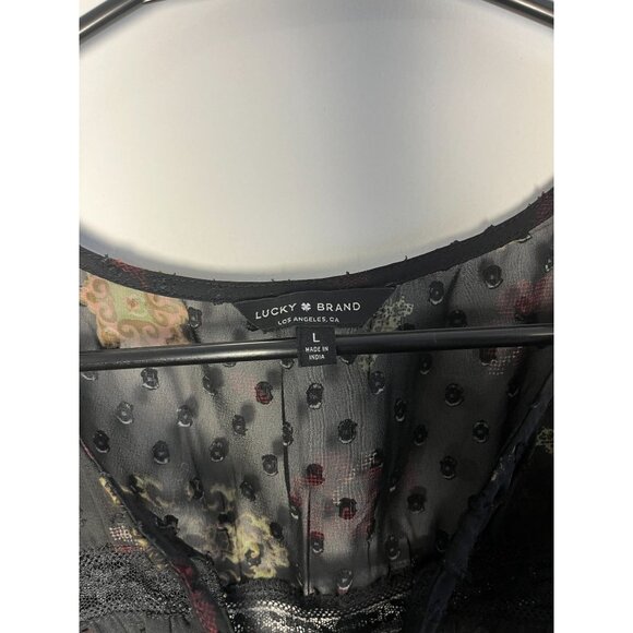 Lucky Brand Peasant Blouse Size L Black Sheer Floral Bell Sleeve Swiss Dot - Picture 4 of 6